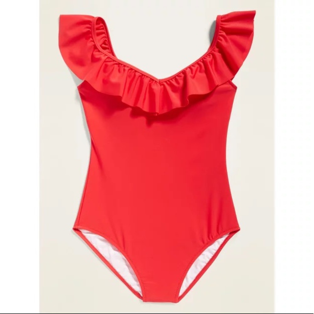 Old navy off the shoulder ruffle sleeve red one piece swim suit Small - Picture 2 of 2